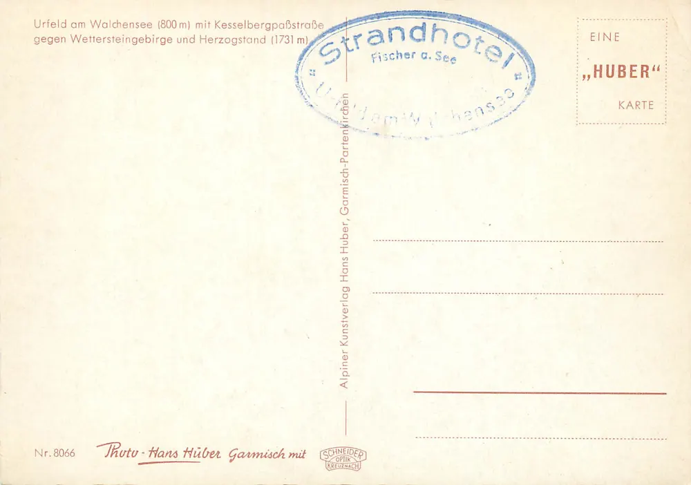 Urfield am Walchensee — Ansicht des Sees und des Kesselbergpasses — Verlag Hans Huber, Nummer 8066 - Rückseite