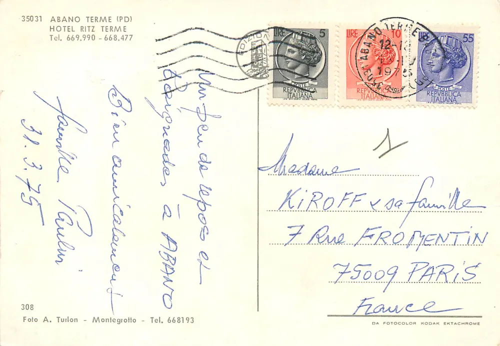 Hotel Ritz Terme — Abano Terme — Editor A. Turlon, n°308 - Reverso