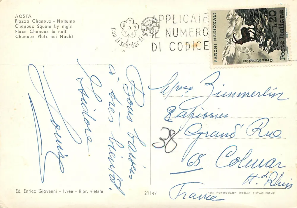 Piazza Chanoux — noite — Ed. Enrico Giovanni - Ivrea - Verso