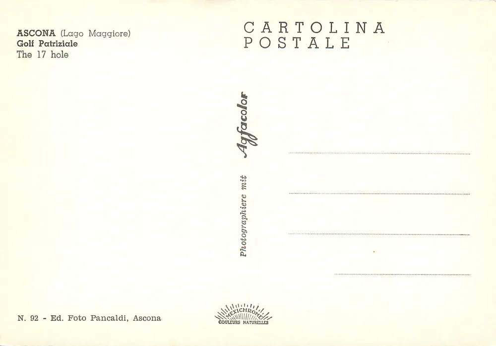 Ascona (Lago Maggiore) — Golfe Patriziale, buraco 17 — Éd. Foto Pancaldi, n° 92 - Verso