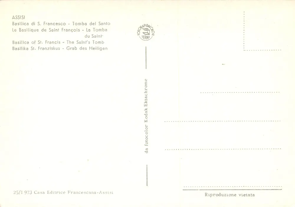 Assisi — Basilika des heiligen Franziskus — Grab des Heiligen — Verlag Casa Editrice Francescana, n°25/1973 - Rückseite