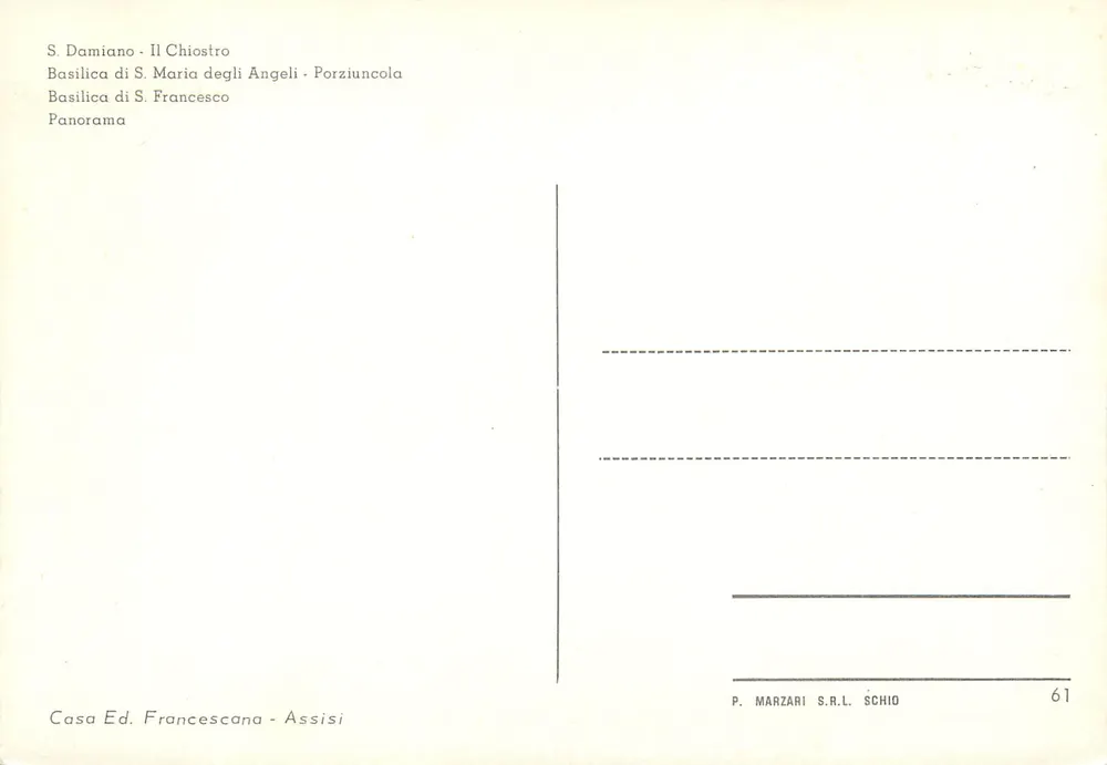 Assisi — Panoramablick und religiöse Sehenswürdigkeiten — P. Marzari S.R.L. Schio, n° 61 - Rückseite