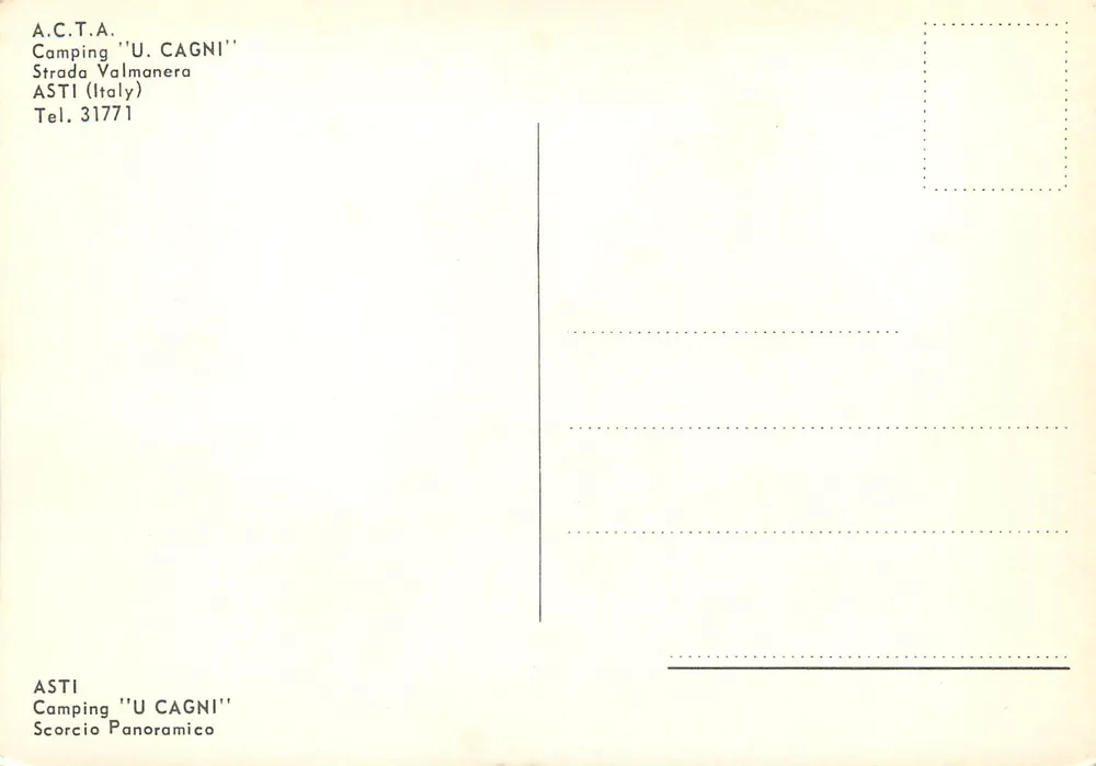 Campeggio 'U Cagni' — Asti, Italia — editore A.C.T.A. - Verso