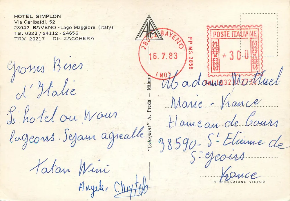 Hôtel Simplon — Baveno, Lago Maggiore — Verlag 'Colorprint' A. Preda - Rückseite