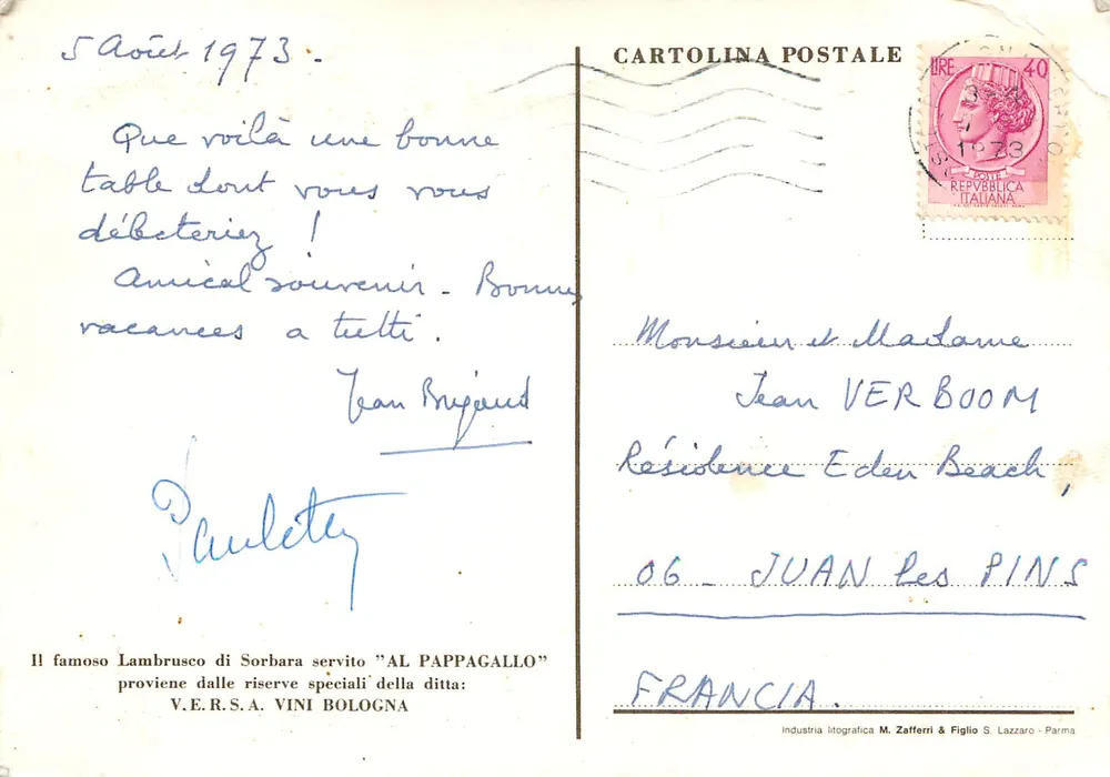 Ristorante 'al pappagallo' — Bologna — Verlag Fratelli Zurla, Seriennummer nicht sichtbar - Rückseite