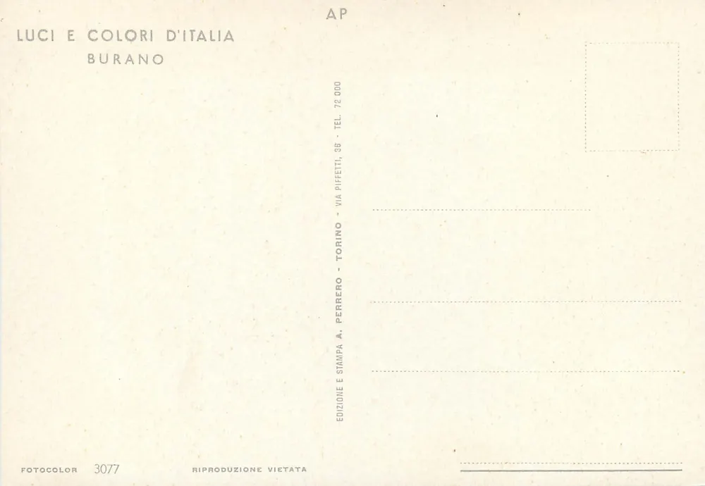 Burano — Widok wybrzeża z łodzią żaglową — Luci e Colori d'Italia, nr 3077 - Rewers