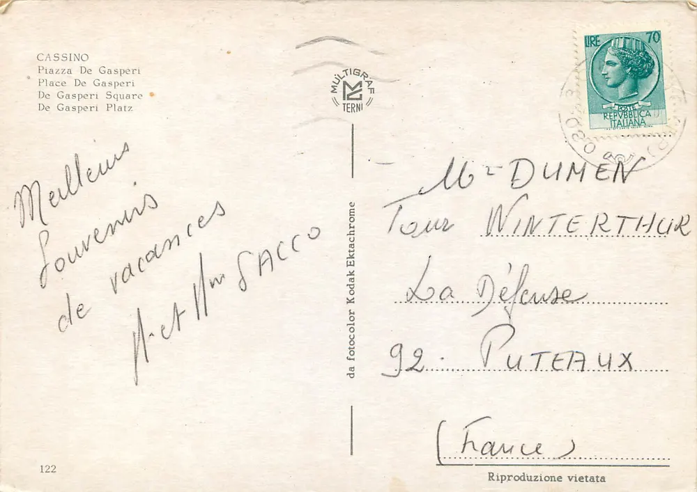 Cassino — Piazza De Gasperi — editor Multigraf Terni, n° 122 - Verso