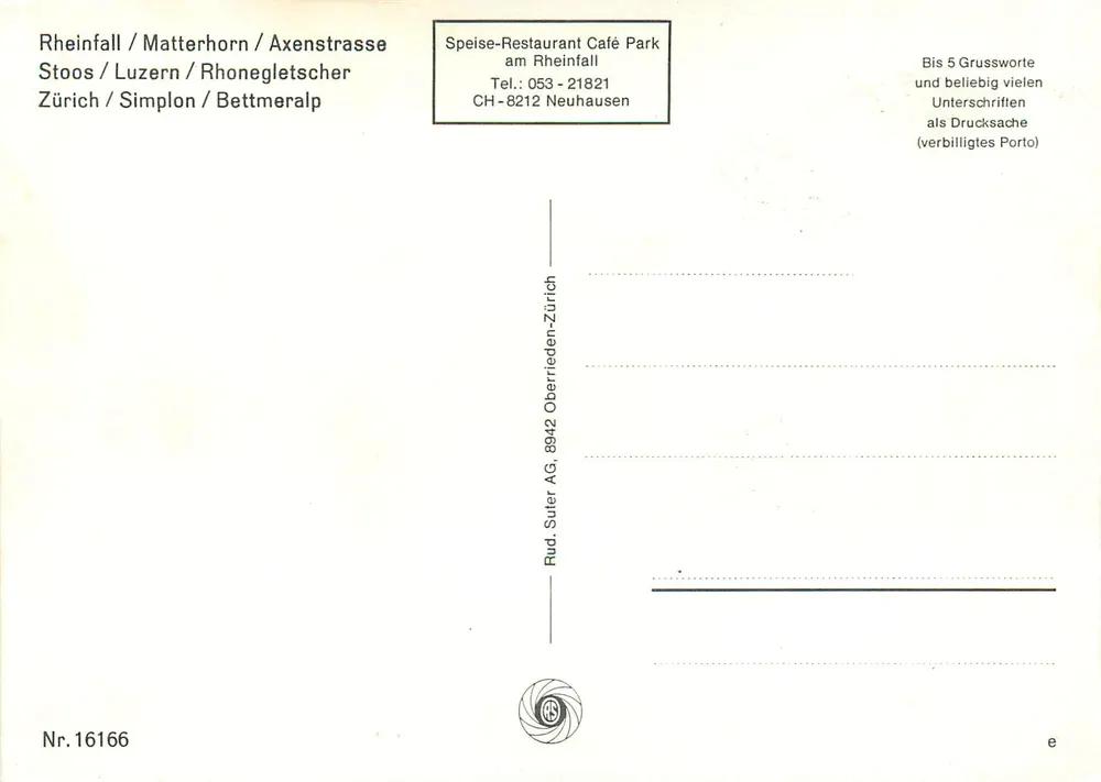 Lugares emblemáticos da Suíça — Rud. Suler AG, n°16166 - Verso