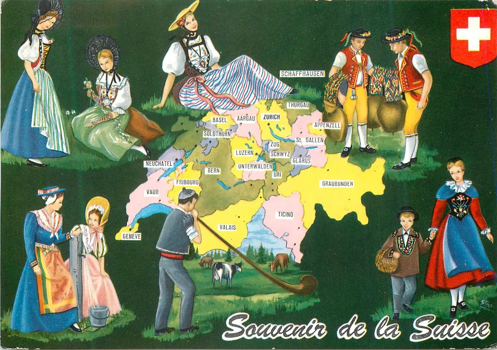 Suíça — roupas regionais e mapa — Marco Danzi & Co - Locarno, n°14528 - Frente