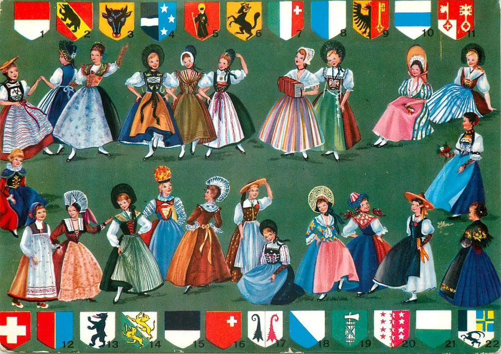 Mulheres em trajes regionais suíços — 22 cantões — editor Verlag Klosk A. Bern - Frente