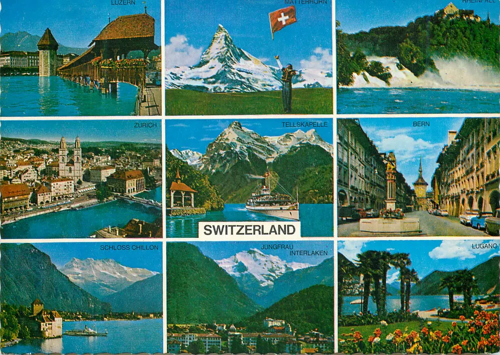 Lucerna, Matterhorn, Cachoeiras do Reno, Zurique, Capela de Tell, Berna, Castelo de Chillon, Jungfraujoch, Interlaken, Lugano — Suíça — Verlag Engelberger, Stansstad, Número 6372 - Frente