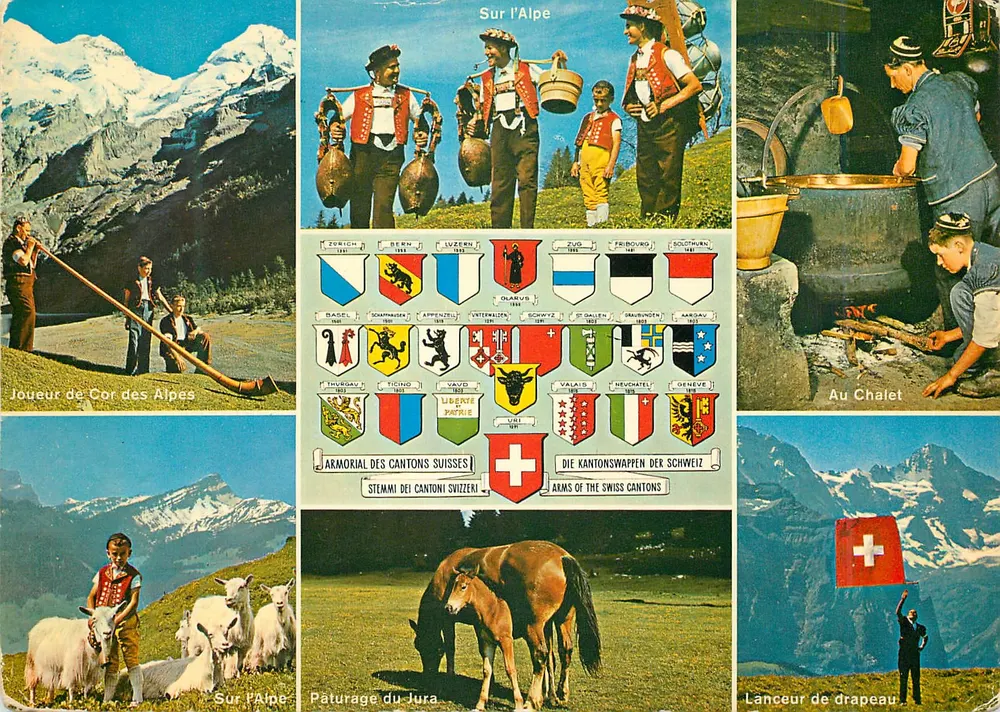 Cenas alpinas suíças — Armorial dos cantões suíços — Édition Deriaz Baublmes n°13652 - Frente