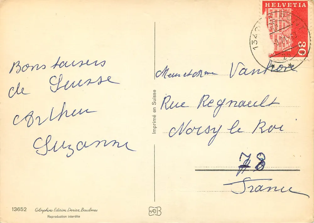 Cenas alpinas suíças — Armorial dos cantões suíços — Édition Deriaz Baublmes n°13652 - Verso