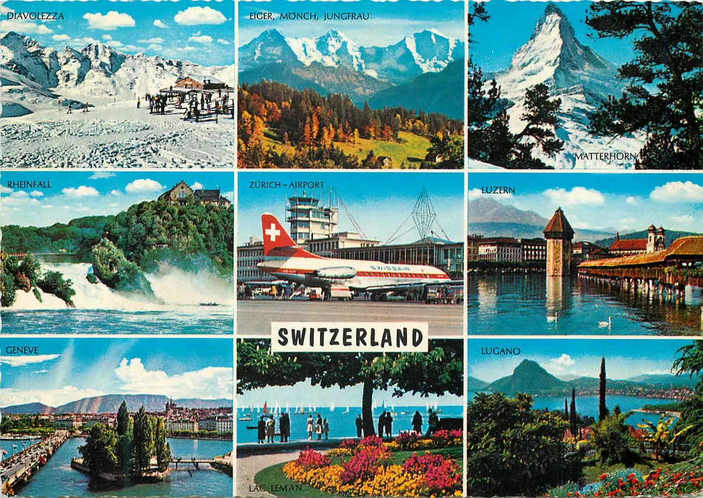 Diavolezza, Eiger, Mönch, Jungfrau, Matterhorn, Rheinfall, Zürich-Airport, Luzern, Genève, Lac Léman, Lugano — Suíça - Frente