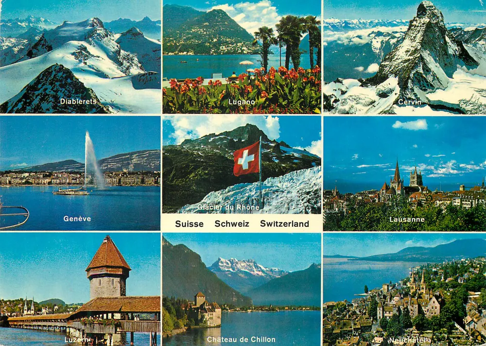 Diablerets, Lugano, Cervin — Gracier do Ródano, Genebra, Lausanne, Luzern, Castelo de Chillon, Neuchâtel — Suíça — Edição Deriaz Baulmes n°12651 - Frente