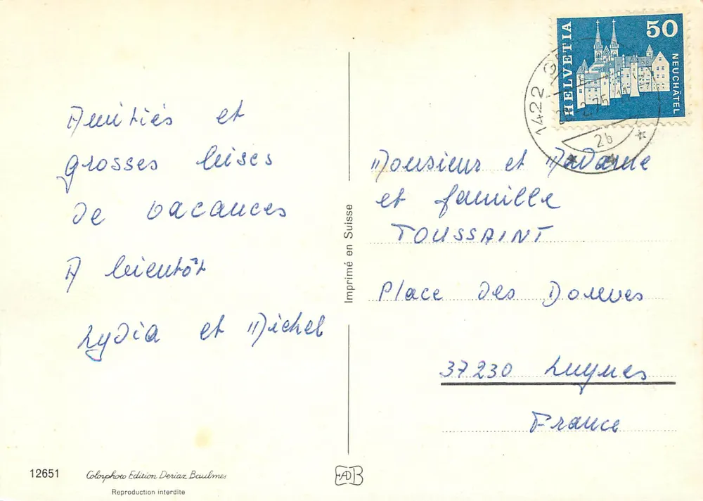 Diablerets, Lugano, Cervin — Gracier do Ródano, Genebra, Lausanne, Luzern, Castelo de Chillon, Neuchâtel — Suíça — Edição Deriaz Baulmes n°12651 - Verso