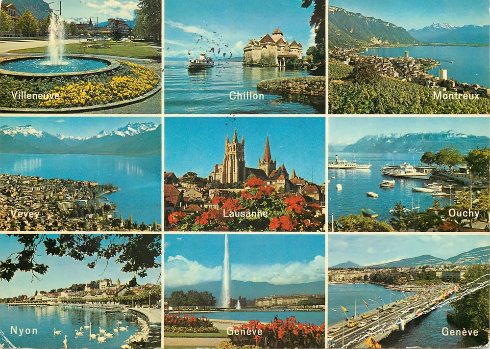 Villeneuve, Chillon, Montreux, Vevey, Lausanne, Ouchy, Nyon, Genève — paisagens do Lago Léman — Edição Photoglob SA, Zurique/Vevey, n°9439 - Frente