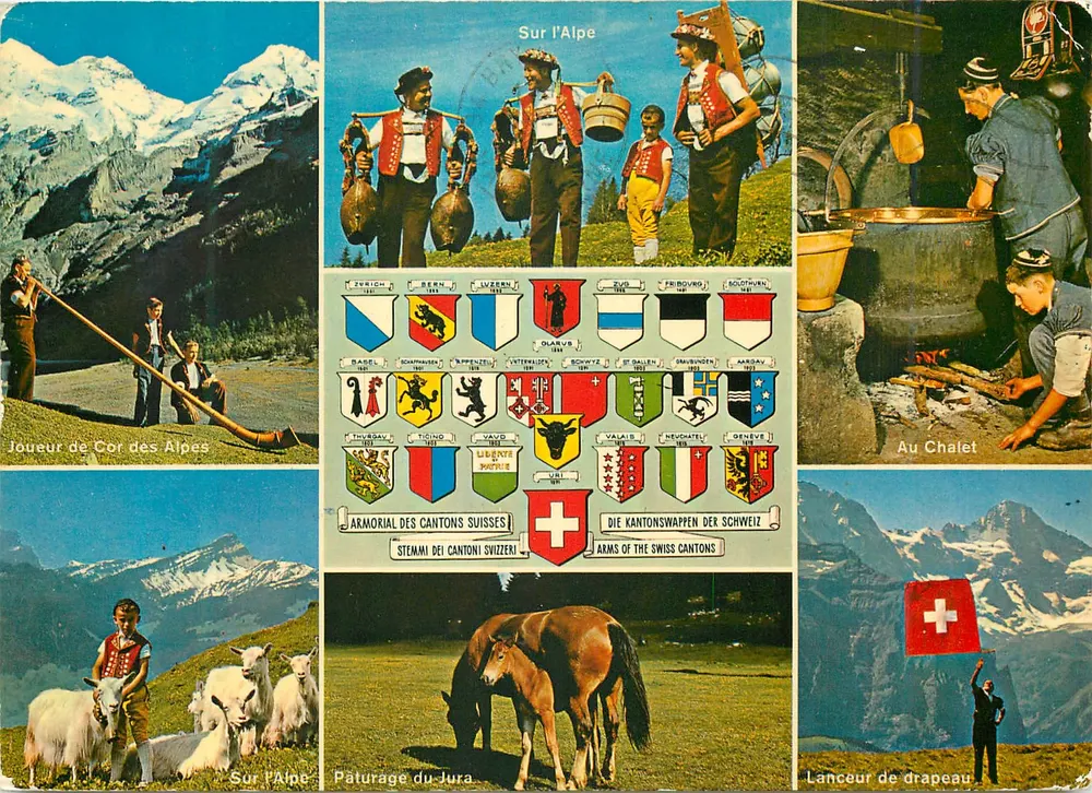 Cenas alpinas suíças — Armorial dos cantões suíços — Edição Deriaz Baulmes - Frente