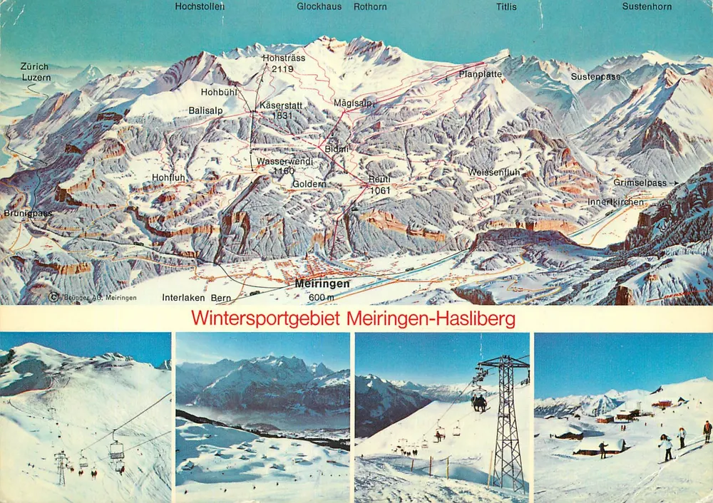 Ski-gebied Meiringen-Hasliberg — ansichtkaart illustrerend de ski-pistes en de omringende toppen — Brugger AG, Meiringen - Voorkant