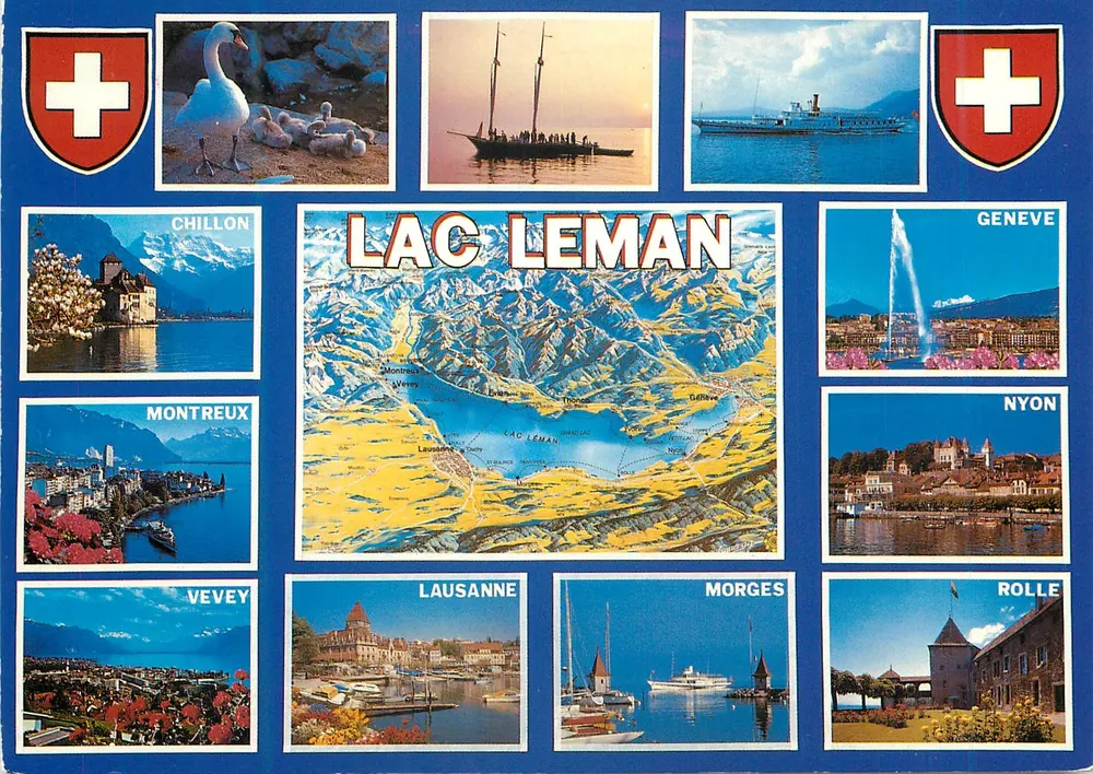 Lago Léman — Carte postale touristique avec vue de montagnes et villes — Éditions Coloris Jaeger, n° 615 - Frente
