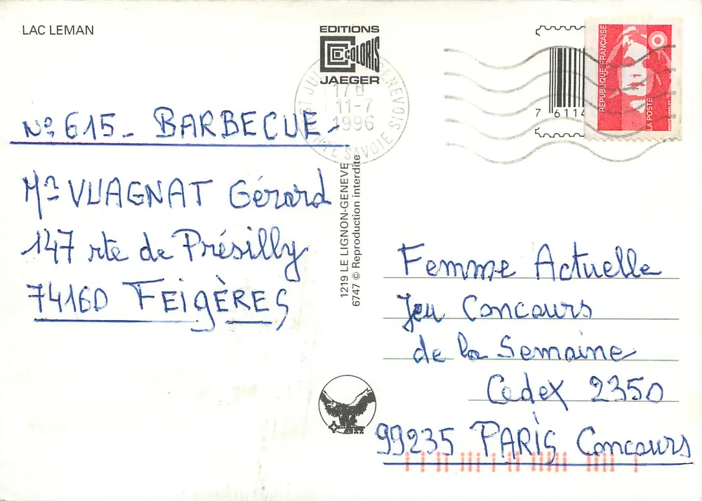 Lago Léman — Carte postale touristique avec vue de montagnes et villes — Éditions Coloris Jaeger, n° 615 - Verso