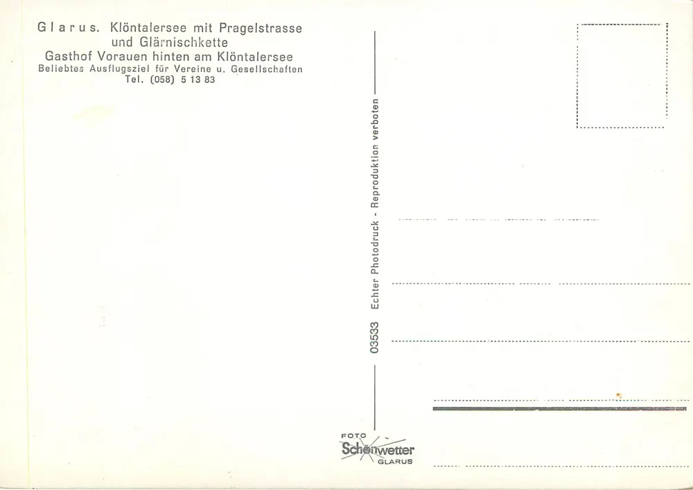 Glarus. Klöntalersee mit Pragelstrasse und Glärnischkette — Schenwetter, n° 03533 - Rückseite