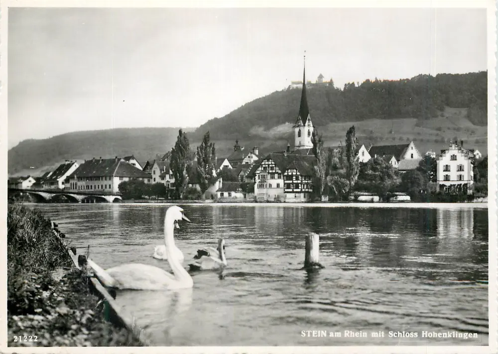 STEIN am Rhein com o Castelo de Hohenklingen — vista do rio Reno — editor GROSS, n° 21222 - Frente