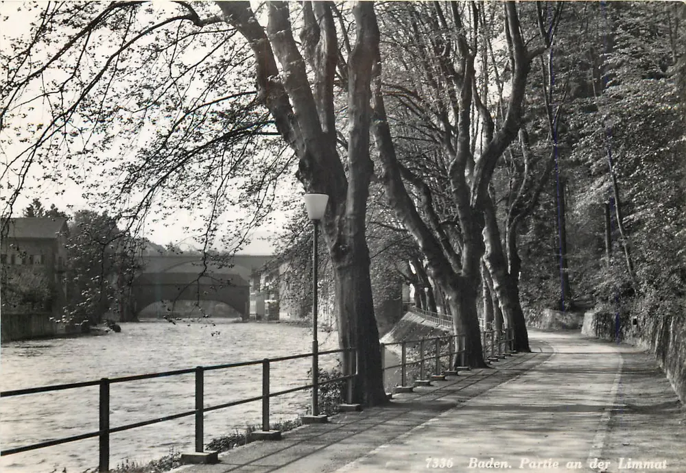 Baden. Parte an der Limmat — vista da rio e de um ponte — editor Rud. Suter, Oberrieden - Frente
