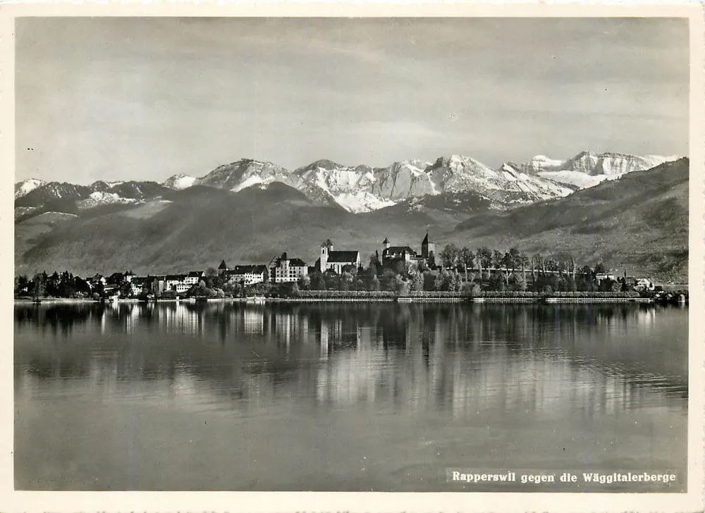 Rapperswil contro le Wäggitalerberge — vista lacustre con montagne innevate — J. Gaberell A. G., Photo-Verlag, Thalwil, n° 6372 - Recto