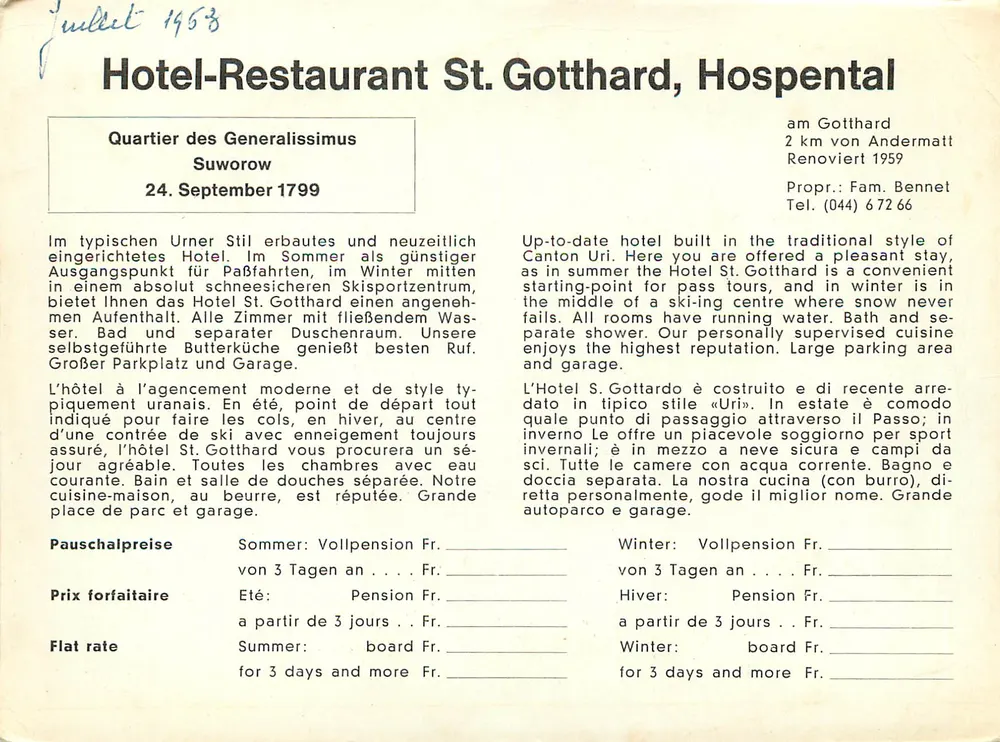 Hotel-Restaurante St. Gotthard — Hospental — Propriedade Fam. Bennet - Verso