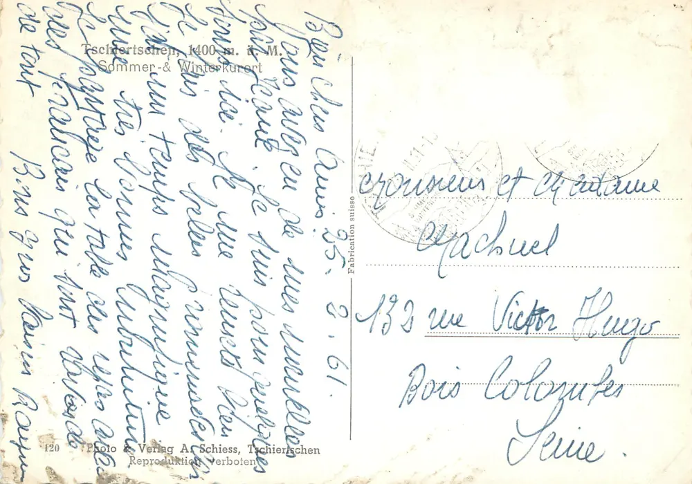 Tschieritschen — aldeia nevada com igreja — Photo & Verlag A. Schiess, Tschieritschen, série 120 - Verso