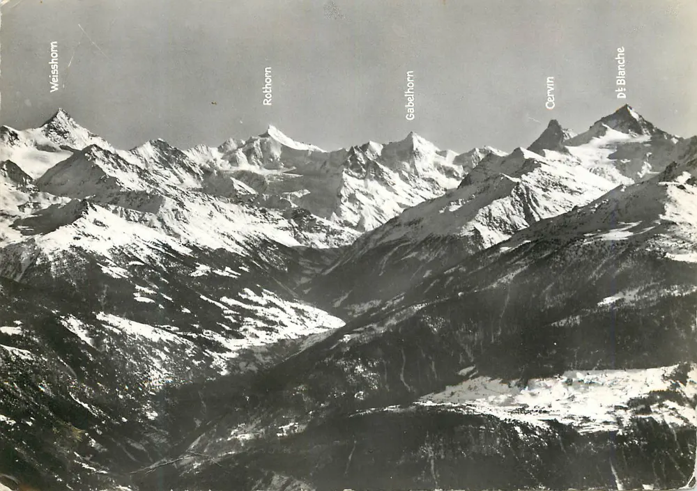 Vue panoramique des Alpes — sommets Weisshorn, Rothorn, Gabelhorn, Cervin, Dôme Blanche — édition PERROCHET Lausanne - Vorderseite