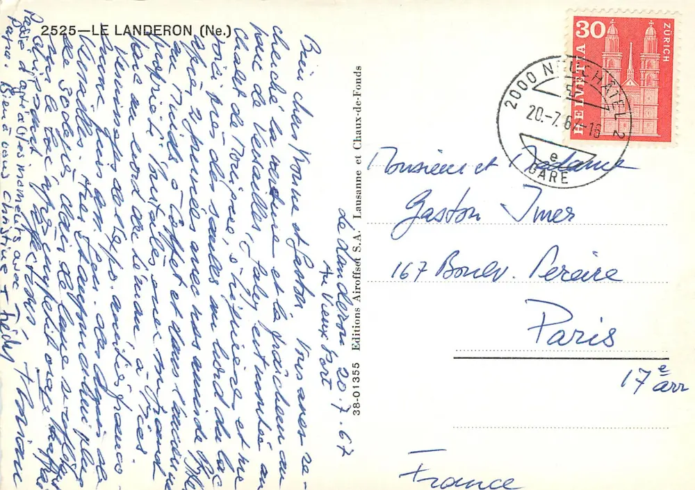 Le Landeron — Praça da Abadia com estátua e relógio — Éditions Airoffset S.A. n° 38-01355 - Verso