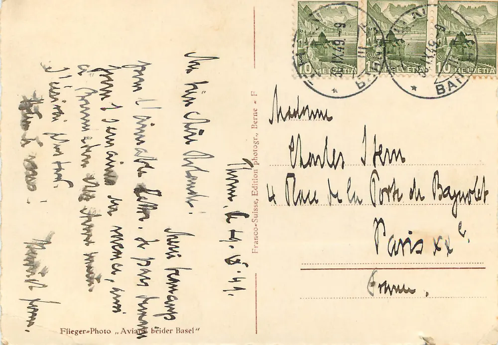 Finsteraarhorn, Fiescherhörner, Grünhorn — vista alpina — Franco-Suisse, Edição fotográfica Berne, n° G 6469 - Verso