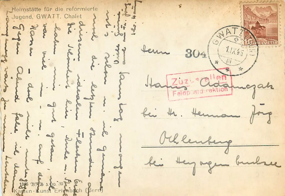 Chalé de Gwatt — Lar para a juventude reformada — editor Karten-Kunst Erlenbach (Berr) - Verso