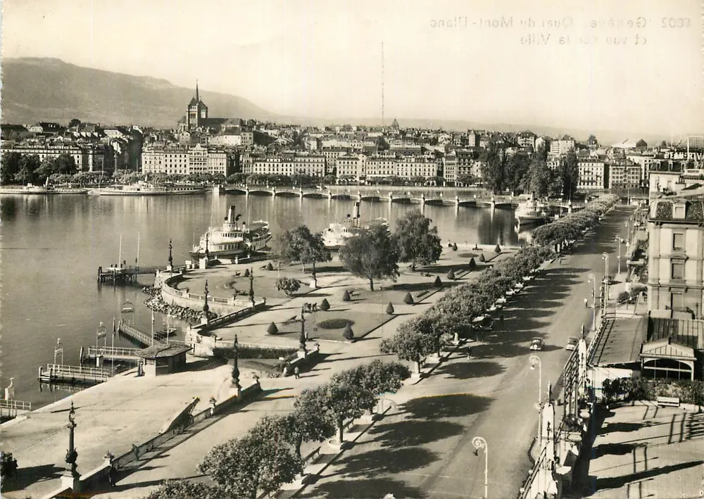 Genf. Quai du Mont-Blanc und Blick auf die Stadt — Éditions Jaeger, Nr. 8002 - Vorderseite