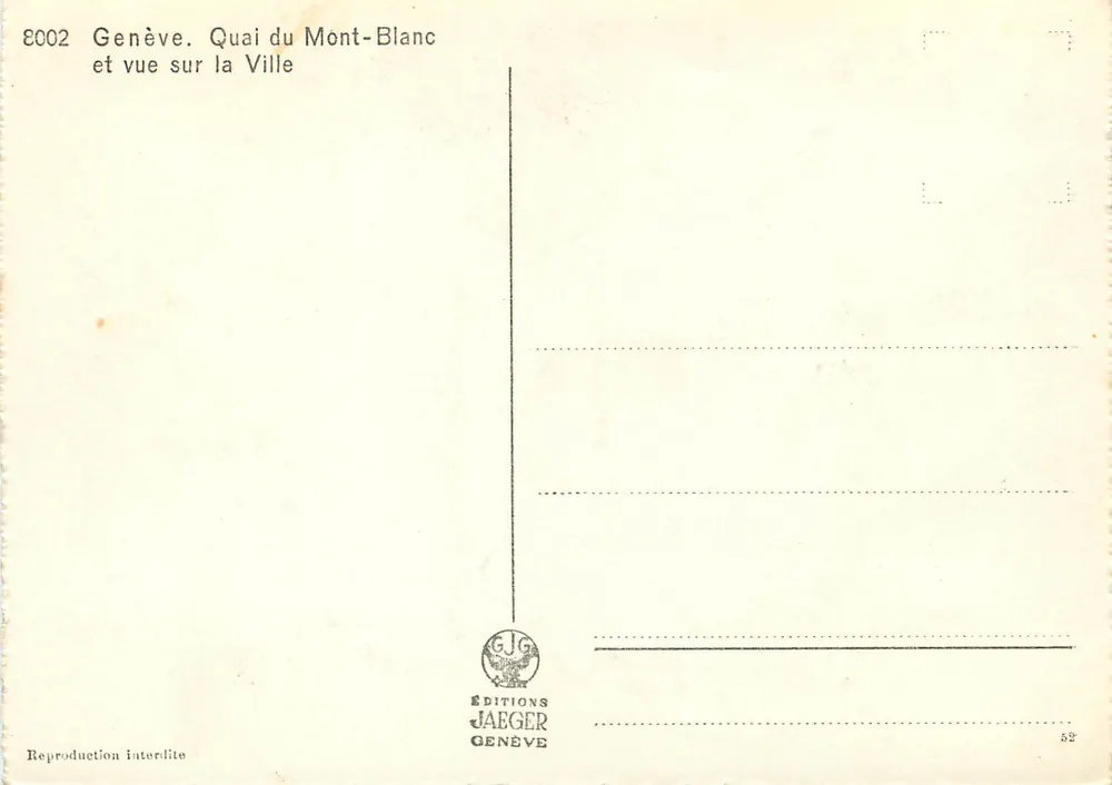 Genf. Quai du Mont-Blanc und Blick auf die Stadt — Éditions Jaeger, Nr. 8002 - Rückseite