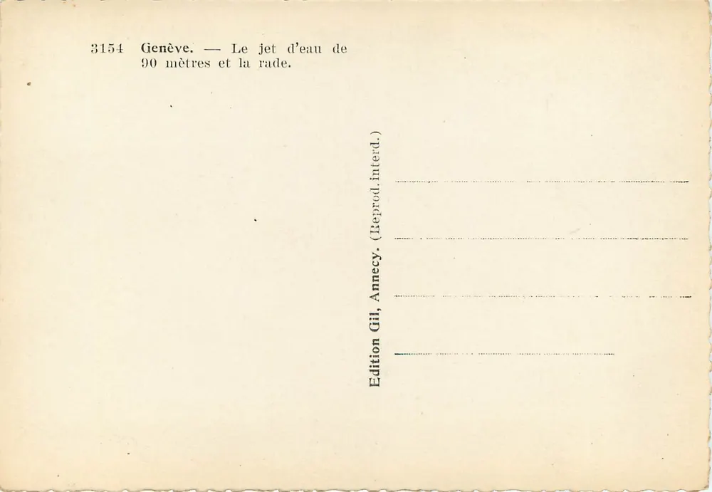 Genf — Der 90 Meter hohe Wasserstrahl und der Hafen — Edition Gil, Annecy - Rückseite