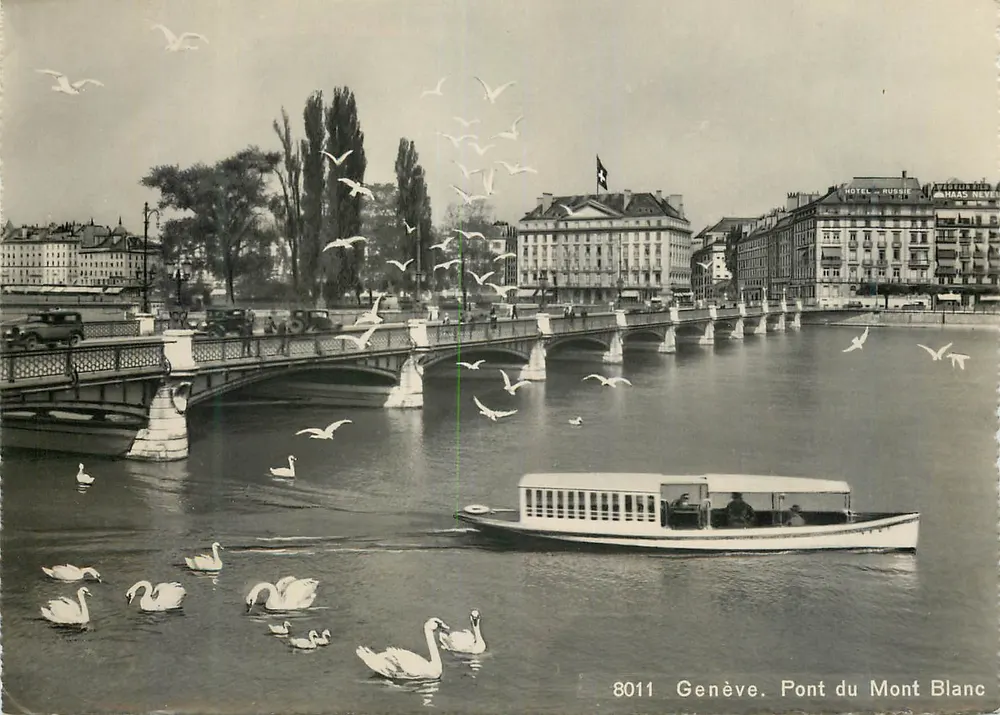 Genebra. Ponte do Mont Blanc — vista do lago com cisnes e barco — Edições Jaeger, n° 8011 - Frente