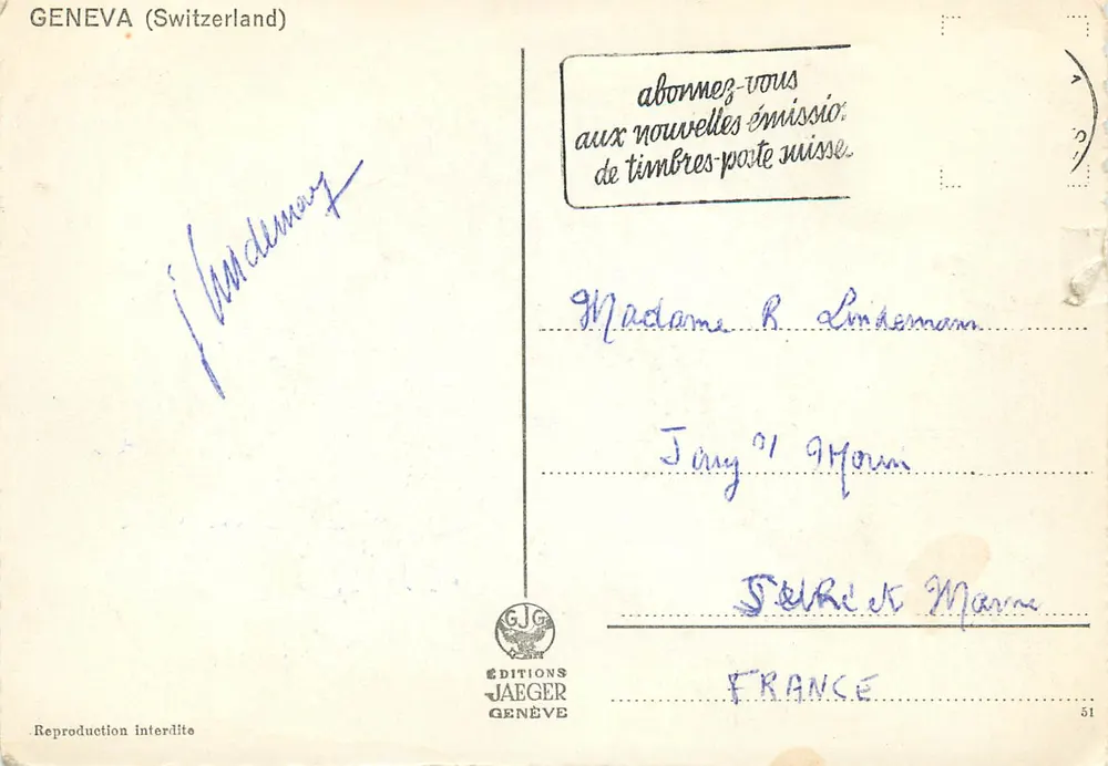 Genf – Pont du Mont-Blanc und Île J.J. Rousseau — Éditions Jaeger, Nr. 8007 - Rückseite