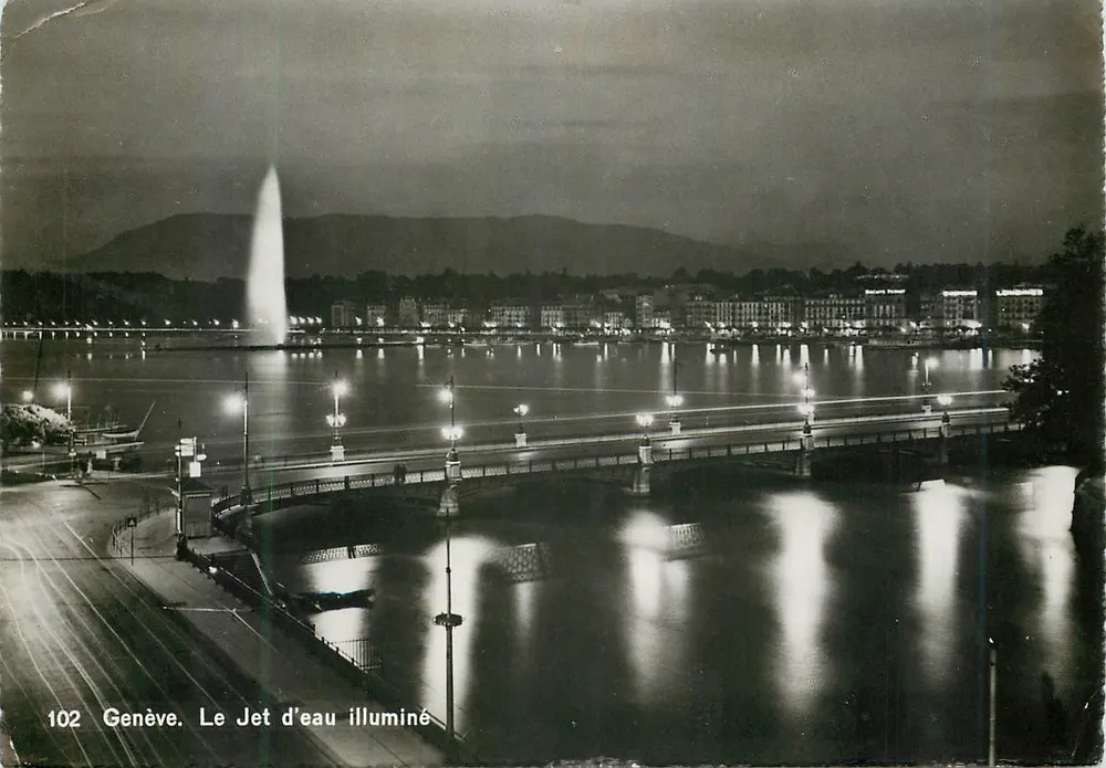 Genebra. O Jato d'água iluminado — Foto-Gravura n°102, editada pela House Amrein-Graf - Frente