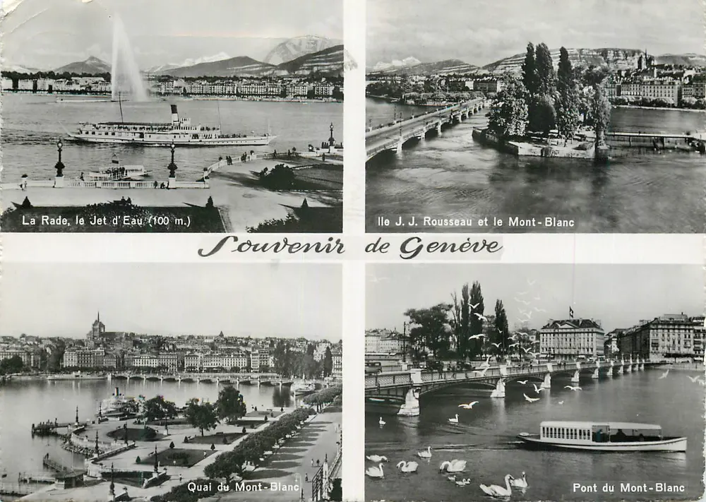 Genebra — Vista do Jato d'Água, Ilha Rousseau, Calçada e Ponte do Mont-Blanc — Edições Jaeger - Frente
