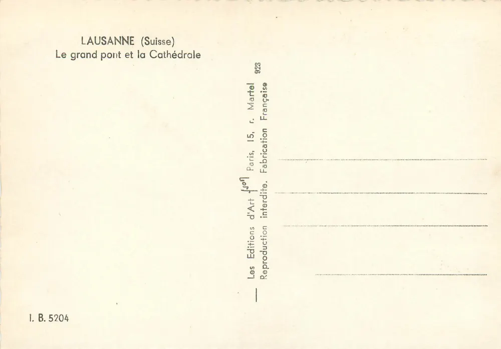 Lausanne (Schweiz) — Der Große Brücke und die Kathedrale — Éditions d'Art Joff, Paris - Rückseite