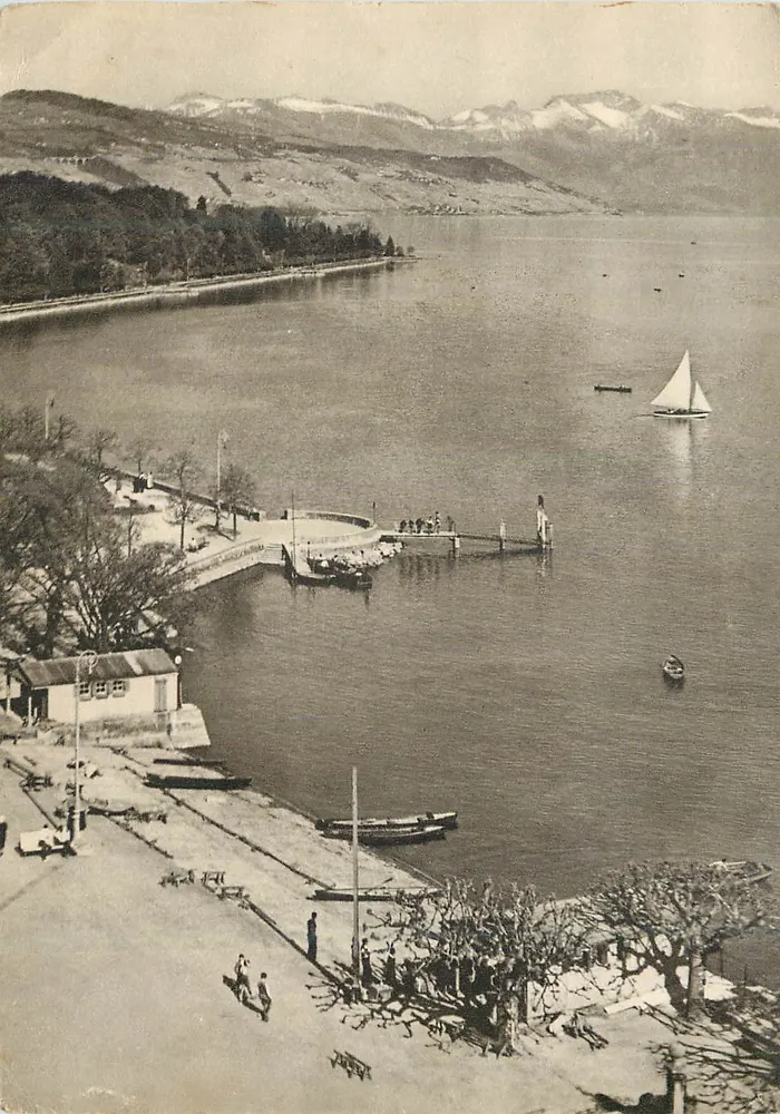 O cais de Ouchy (Lausanne) — vista do lago com montanhas nevadas — Edição Haesche-Dufey, Lausanne - Frente