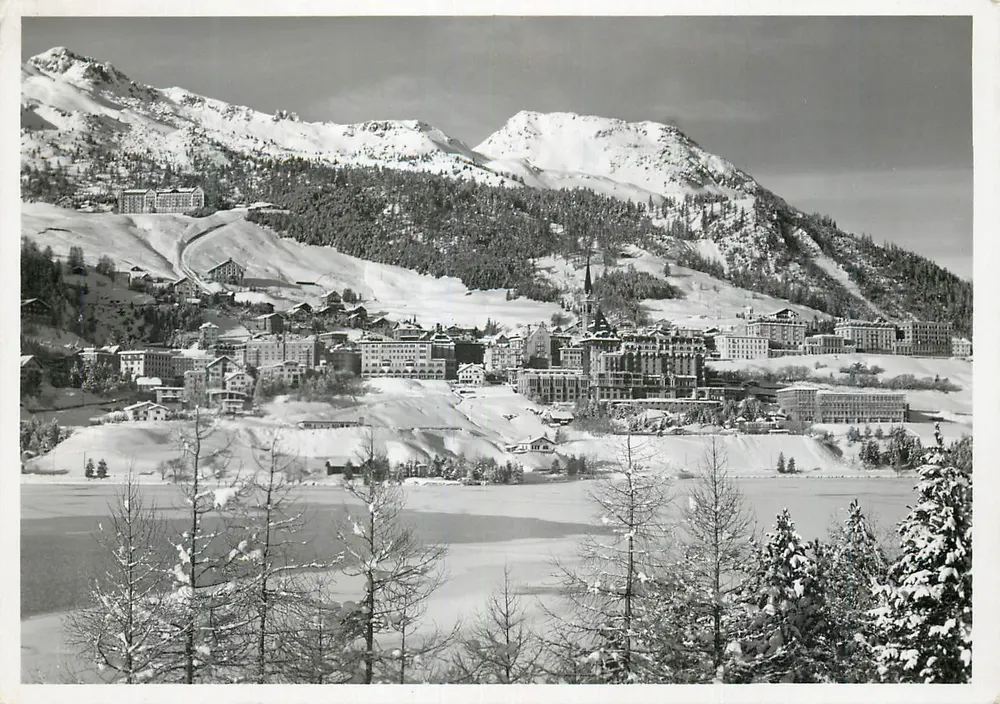 St. Moritz-Dorf — vista invernal das montanhas e do lago — Verlag FOTO MAX, Max Wagner - Frente