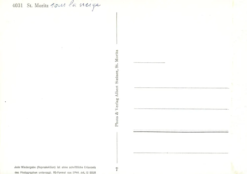St. Moritz — sob a neve — Photo & Verlag Albert Steiner, St. Moritz, n° 4031 - Verso