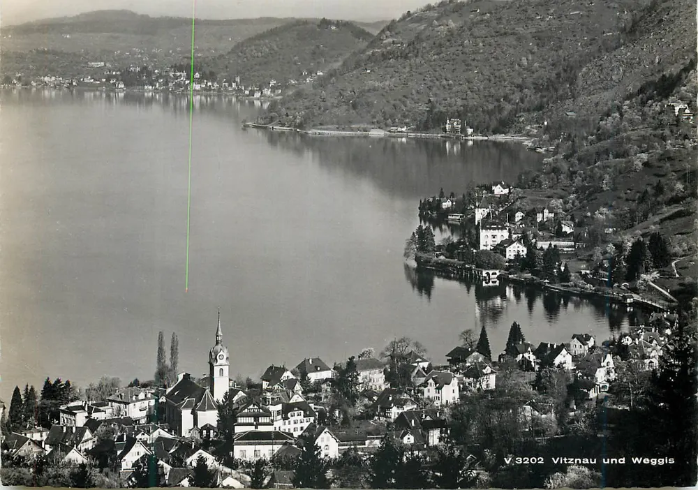 Vitznau e Weggis — vista lacustre — V 3202, Verlag Pampalunger & Beringer, Zurique - Frente