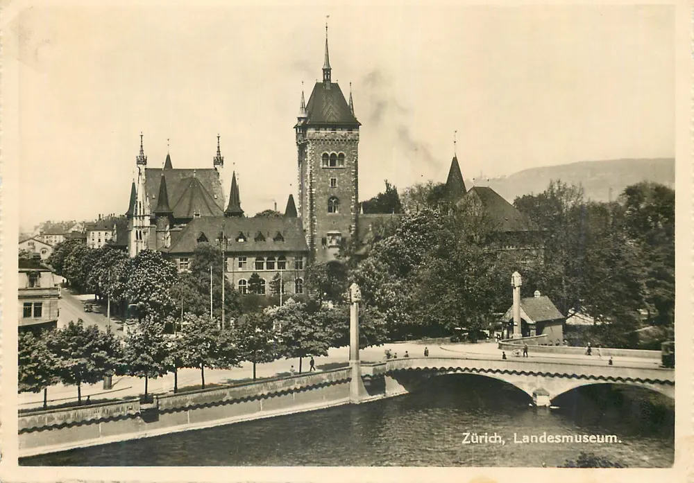 Zurich, Landesmuseum — widok budynku i mostu nad rzeką — Ecute Fotograf, nr 58 - Awers