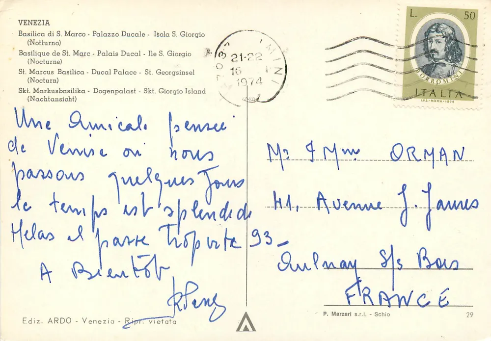 Vêneto — Basílica de São Marcos e Palácio Ducal — noite — Ed. ARDO, n°29 - Verso