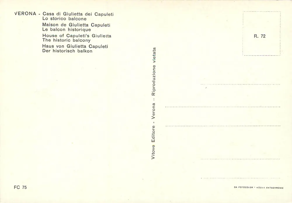 Verona - Maison de Giulietta des Capulet — façade avec balcon historique, éditeur Vitove Editore, n° de série R. 72 - Rückseite